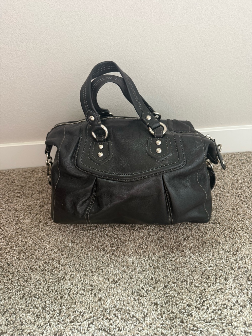 Coach Black Leather Bowling Bag with Silver Hardware - Picture 5 of 8